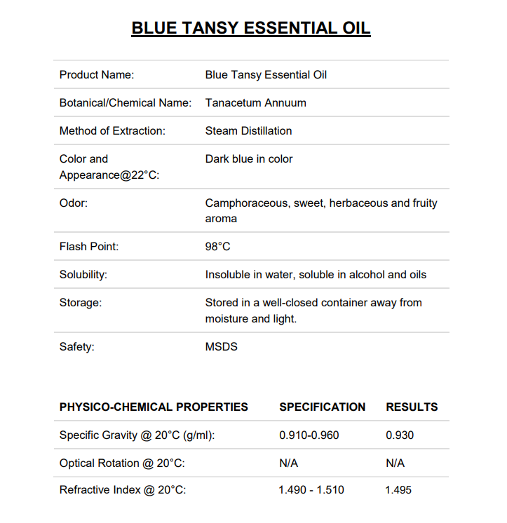 אנליזה שמן אתרי Blue Tansy
