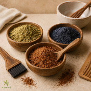 אבקות טבעיות לצביעת שיער בקערות עץ – קאטה, חינה ואינדיגו להעמקת גווני חום ושוקולד באופן טבעי.