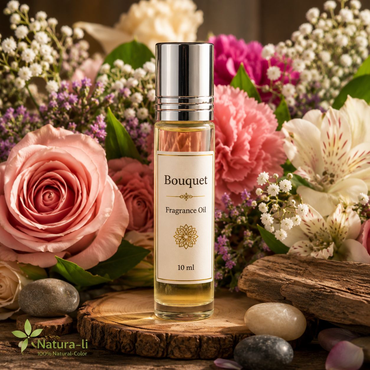 שמן בושם בוקה (Bouquet Fragrance Oil) בבקבוק רול-און 10 מ"ל על רקע זר פרחים, מסדרת שמני הבושם ההודיים של Natura-li.