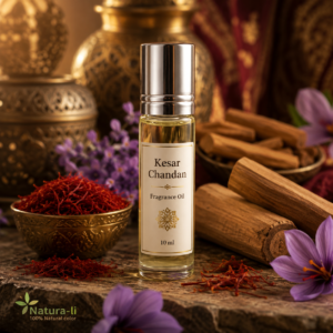 שמן בושם זעפרן וצ'נדן (Kesar Chandan Fragrance Oil) בבקבוק רול-און שקוף 10 מ"ל על רקע זעפרן, אלגום ואלמנטים בהשראה הודית, מסדרת שמני הבושם ההודיים של Natura-li.