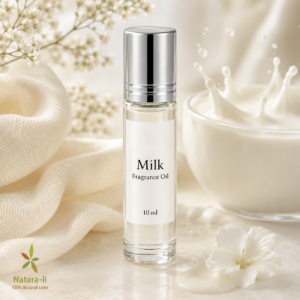 בקבוק רול-און של שמן בושם חלב (Milk Fragrance Oil) בנפח 10 מ"ל על רקע קרמי יוקרתי עם אלמנטים של חלב, בד רך ופרחים לבנים.