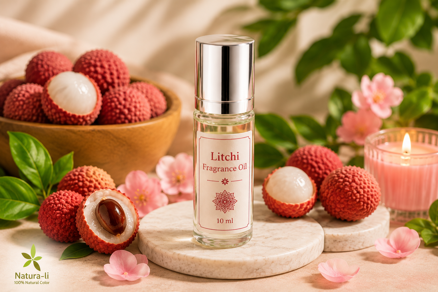 שמן בושם ליצ'י (Litchi Fragrance Oil) בבקבוק רול-און שקוף 10 מ"ל על רקע פירות ליצ'י, פרחים ועלווה ירוקה, מסדרת שמני הבושם ההודיים של Natura-li.
