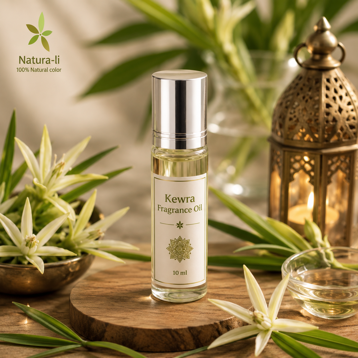 שמן בושם קוורה (Kewra Fragrance Oil) בבקבוק רול-און שקוף 10 מ"ל על רקע פרחי קוורה ואלמנטים בהשראה הודית, מסדרת שמני הבושם ההודיים של Natura-li.